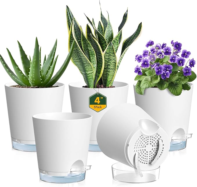 4 inch Self Watering Pots for Indoor Plants, 5 Pack Small Flower Plant Pots with Drainage Holes and Clear Reservoirs, Visible Water Level, Plastic Planters with Wicking Rope, White-CasaMuseHome