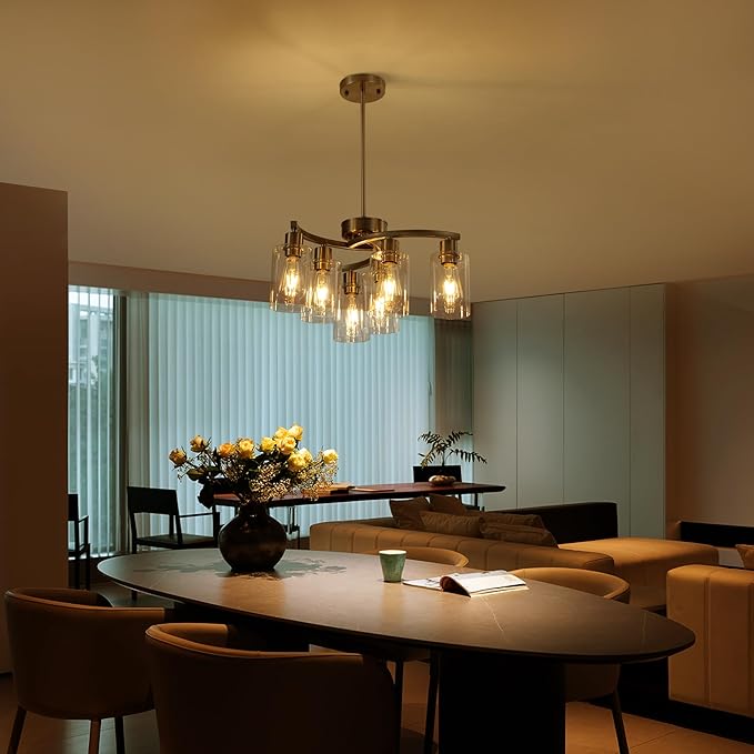 6-Light Brushed Nickel Chandeliers for Dining Room Light Fixtures Over Table, Adjustable Height Hanging Industrial Pendant Lighting for Kitchen Island Bedroom, Clear Glass Shade-CasaMuseHome