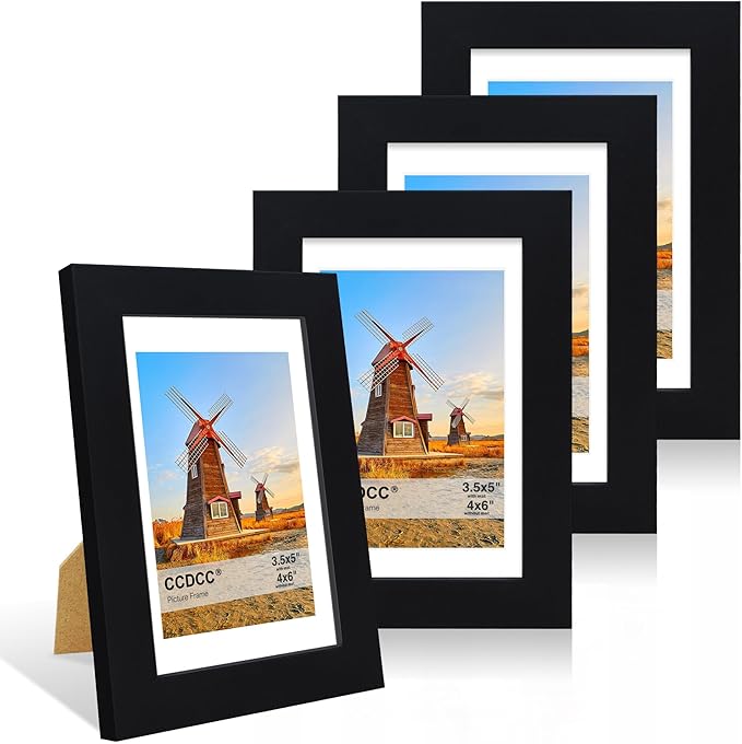 4x6 Picture Frame Set of 4, 4 x 6 Wood Photo Frames with Mat for 3.5x5, Wooden Frame with Real Glass Cover for Wall and Tabletop Display,Black-CasaMuseHome