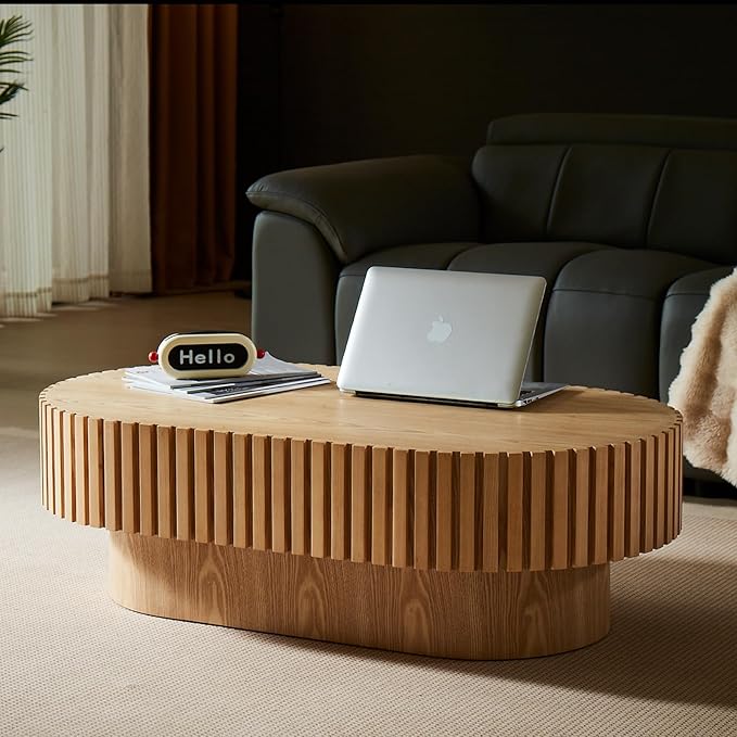 43.7" Oval Coffee Table for Living Room,Modern Handcraft Drum Coffee TableSmall Wooden Coffee Table with Sturdy Pedestal Easy Assembly for Office-Natural-CasaMuseHome