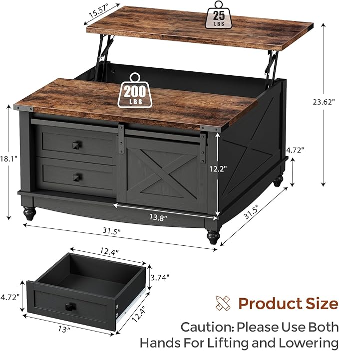 31.5" Lift Top Coffee Table with Storage, Farmhouse Coffee Tables for Living Room, Square Coffee Table with Large Hidden Storage Compartment, 2 Drawers & Removable Shelves, Black-CasaMuseHome
