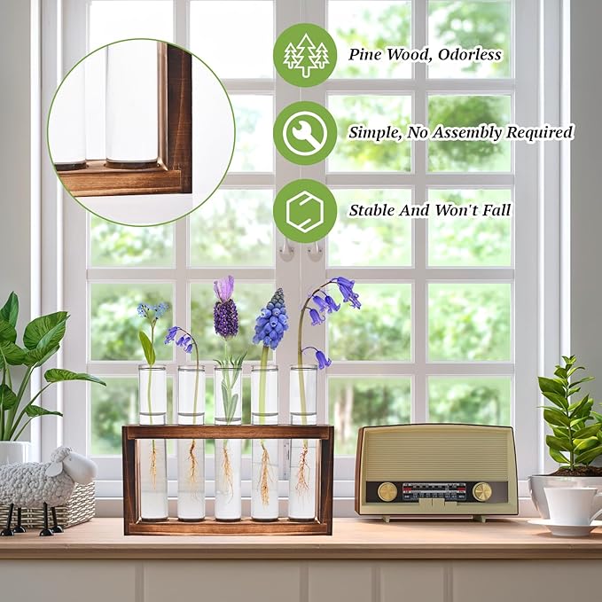 2pcs Desktop Glass Plant Propagation Station with 10 Test Tubes in Wooden Stand - Hydroponic Plants Cutting Office Home Decoration and Garden Decor Terrarium (10 Tubes)-CasaMuseHome