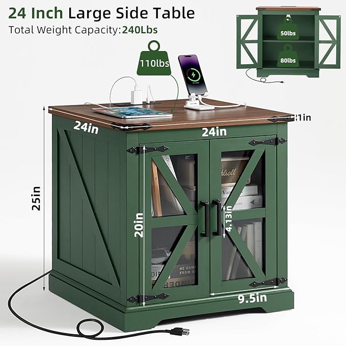 24" End Table with Charging Station, Farmhouse Night Stand with Glass Barn Door, Green Nightstands with Adjustable Storage Shelf, Large Wood Square Bed Side Table for Living Room, Bedroom-CasaMuseHome