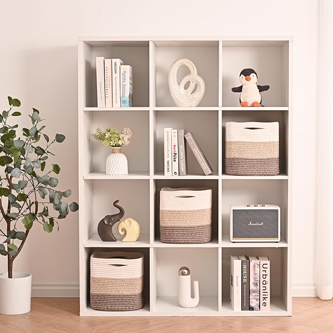 11 Inch Cube Storage Bins, Storage Cube Organizer Bins, Woven Cotton Rope Baskets for Storage, Storage Basket for Organizing Shelves, Square Baskets for Toys, Gradient Brown (Pack of 3)-CasaMuseHome