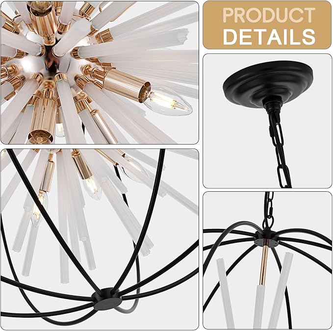31.5" Black Gold 16-Light Globe Sputnik Chandelier Modern Industrial Adjustable Hanging Ceiling Pendant Light Fixture for Entryway Foyer Stairway Dining Living Room Hallway-CasaMuseHome