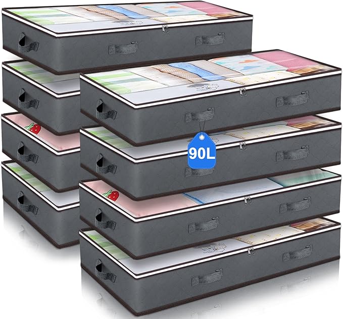 90L Under Bed Storage Containers, Large Capacity Underbed Storage Bags Organizer, Thick Fabric Storage Bins with Clear Window and Reinforced Handles for Blanket Comforter Bedding Clothes, 8 Pack-CasaMuseHome