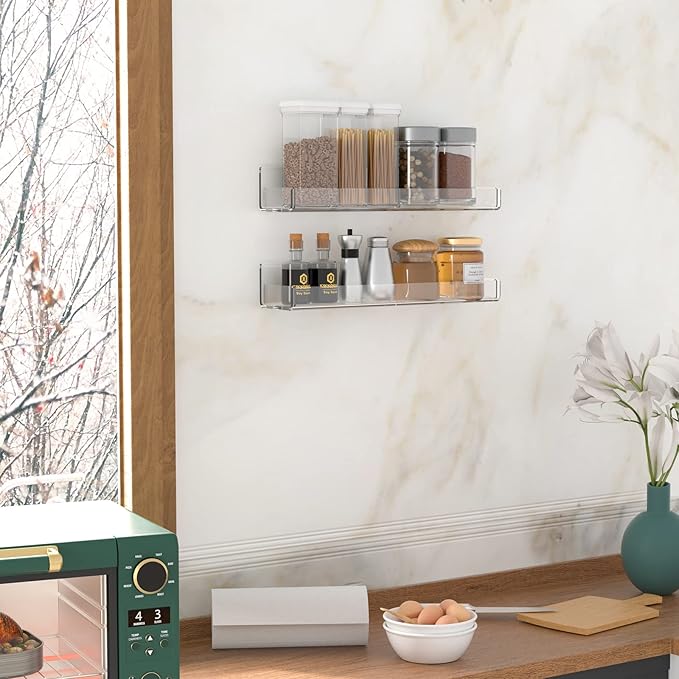 Acrylic Spice Rack Wall Mount, Hanging Spice Shelf Racks for Seasonings, Kitchen Spice Jars Wall Organizer Storage Holder, 2 Pack-CasaMuseHome