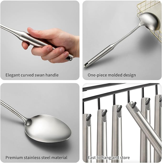 304 Stainless Steel Cooking Utensil,Kitchen Kitchen Utensil with Spatula, Solid Spoon, Ladle, Skimmer, Spaghetti Spoon, 6 Piece Set, Dishwasher Safe-CasaMuseHome