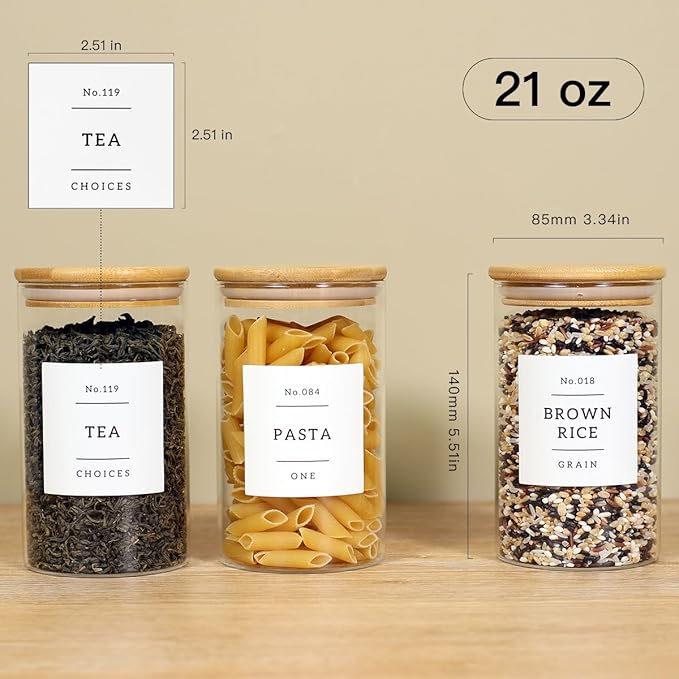 8 Pack Glass Jar with Airtight Bamboo Lid and White 132 Kichen Pantry Labels Preprinted - 21 Oz Clear Round Glass Food Storage Containers set For Tea Coffee Sugar Spice-CasaMuseHome