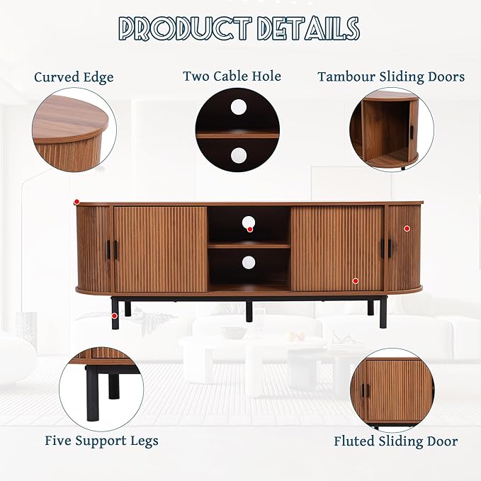 62" Tambour Door TV Stand,Wood Mid Century Modern TV Cabinet for Up to 70“ TV,Curved Edge Long TV Stand with Storage for Bedroom Living Room(Walnut, 62.2inch)-CasaMuseHome