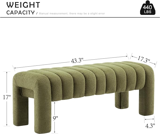 43.3" Bedroom Bench, Upholstered Entryway Bench, Modern End of Bed Ottoman with Solid Wood Legs and Adjustable Foot Pegs for Entryway, Dining Room and Living Room (Green Boucle)-CasaMuseHome