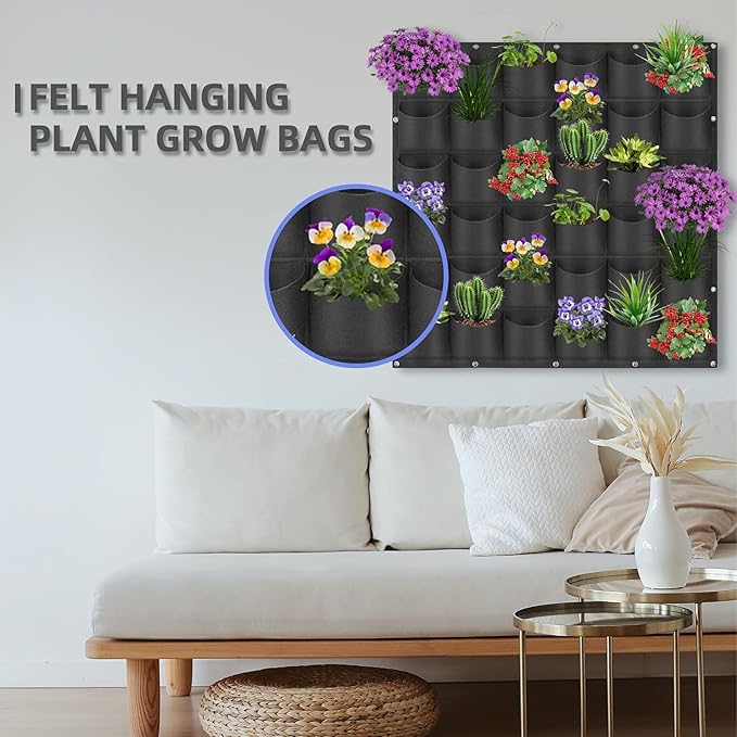 36 Pockets Hanging Planter Bags, Hanging Vertical Wall Mounted Plant Planting Grow Bags, Herb Garden Planter Outdoor Indoor Growing Bag, Gardening Vertical Greening Flower Container(1m×1m, Black)-CasaMuseHome
