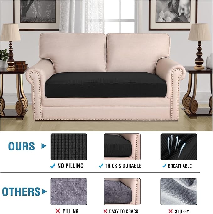 H.VERSAILTEX Super Stretch Individual Seat Cushion Covers Sofa Covers Couch Cushion Covers Slipcover Sets Thick Jacquard Textured Twill Fabric (1 Piece Loveseat Cushion Cover, Black)-CasaMuseHome