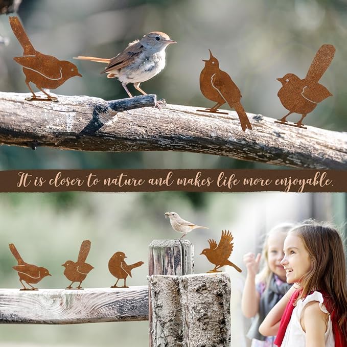 5PCS Rusty Birds Decoration,Outdoor Bird Wall Decor,Metal Birds Yard Decor, Metal Birds Craft Statue Ornaments - Garden Sculptures and Yard Art, Fence Decorations Outdoor,Rustic Garden Decor-CasaMuseHome