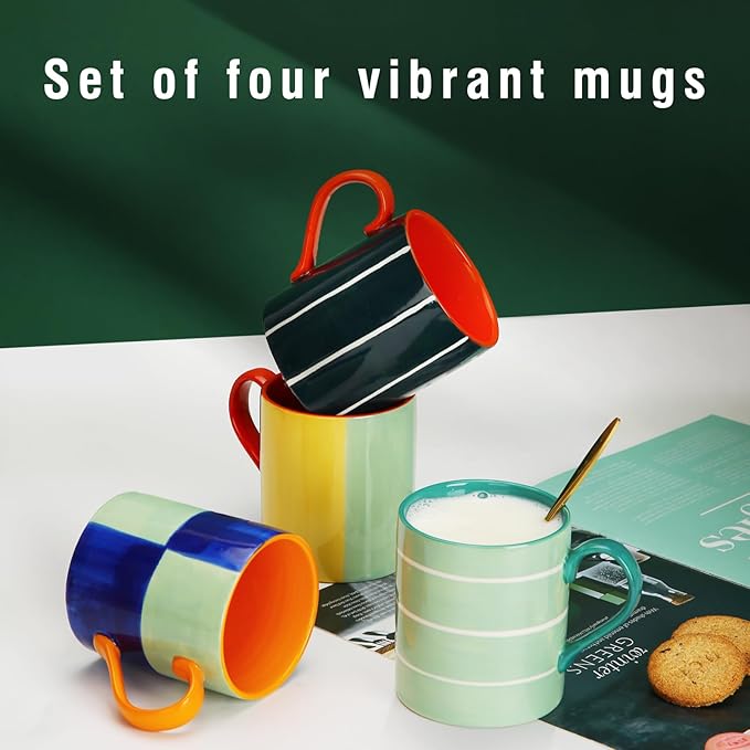 Koja Colorful Hand Painted 16 oz. Porcelain Ceramic Mugs Set. Service for 4.-CasaMuseHome