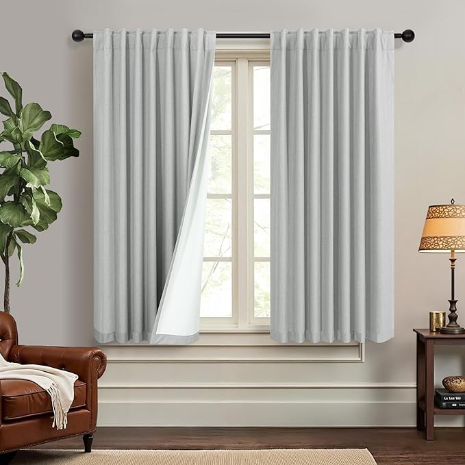 45 Inch Length Kitchen Blackout Curtains Set of 2 Back Tab Pleated Room Darkening Short Small Curtains for Bathroom Kids Room Nursery Bedroom 52x45 in Long Light Grey Gray Black Out Neutral Cottage-CasaMuseHome