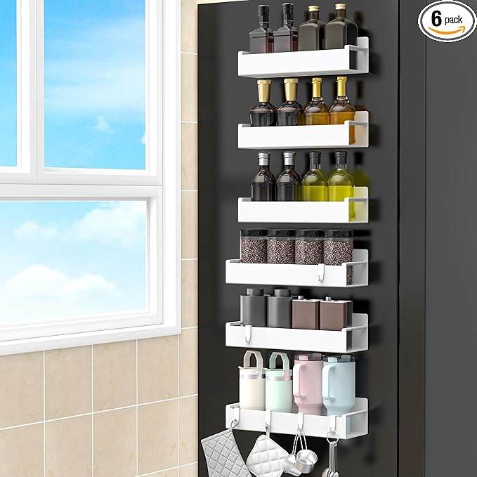 6 Pack Magnetic Spice Rack Organizer for Refrigerator and Oven, White Fridge Organizers and Storage for Kitchen-CasaMuseHome