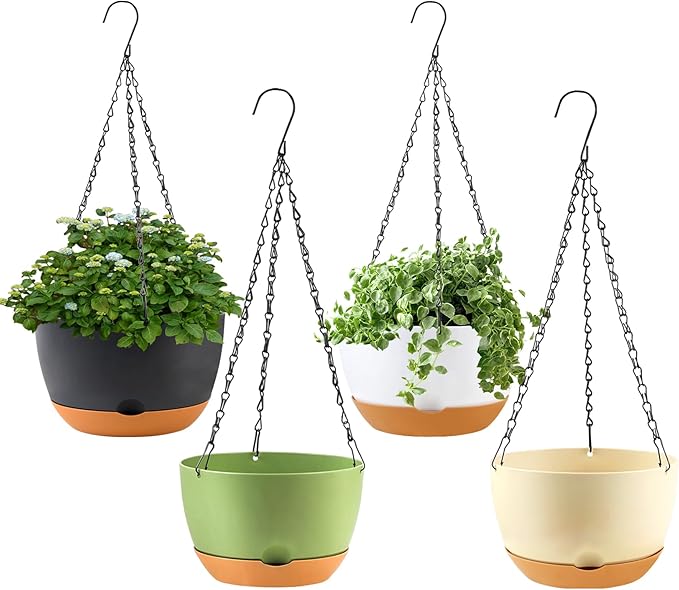 4 Pack Hanging Planter for Plants Indoor,8 Inch Plant Pot Outdoor Plastic Hanging Baskets with Drainage Holes and Chain for Garden Porch Plants(White+Black+Green+Beige)-CasaMuseHome