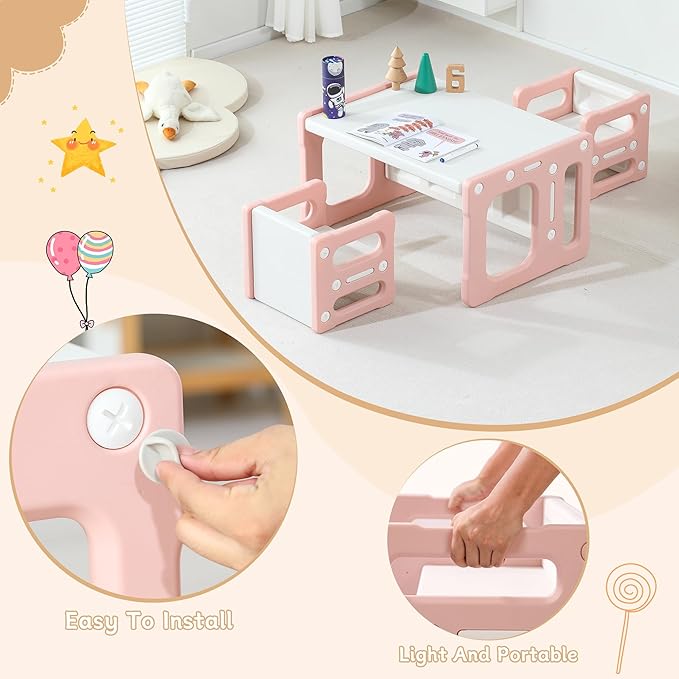 3 in 1 Montessori Weaning Table and 2 Chairs Set, Kids Desk and Chair Set, 2 Height Levels, Toddlers Activity Table for Drawing, Dining, Reading and Playing, Pink-CasaMuseHome