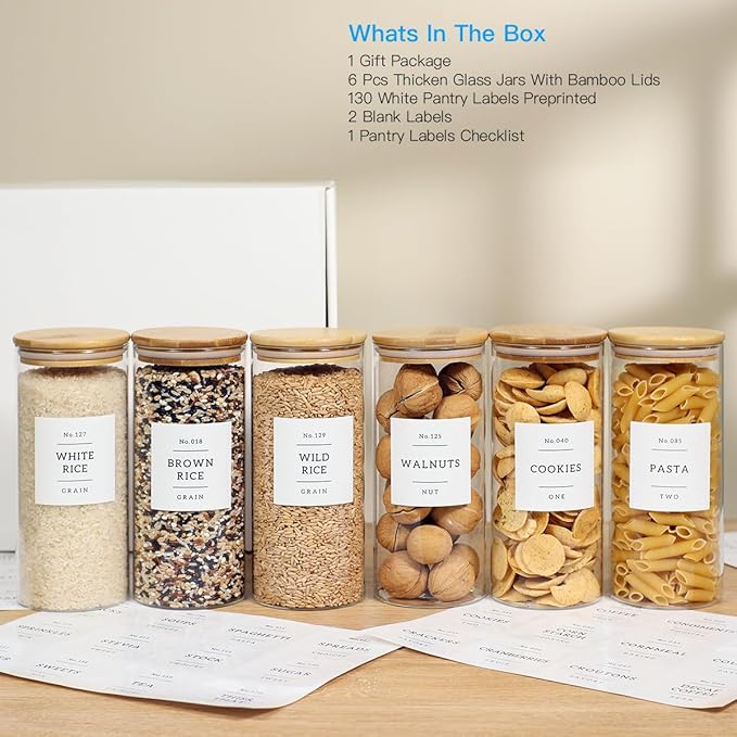6 Pack Glass Jar with Airtight Bamboo Lid and White 132 Kichen Pantry Labels Preprinted - 28 Oz Clear Round Glass Food Storage Containers set For Tea Coffee Bean Cookie-CasaMuseHome
