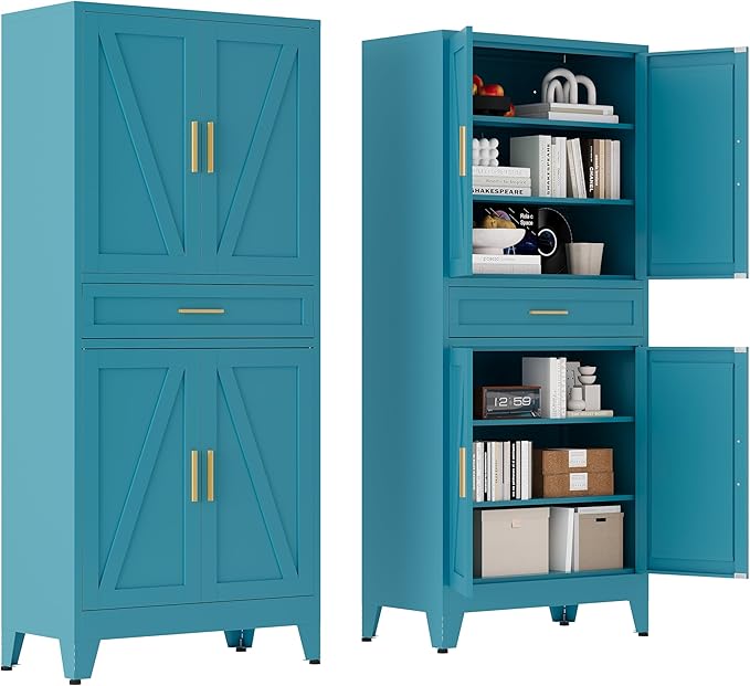 71 "Farmhouse Metal Filing Cabinet with a Drawer and 4 Adjustable Shelves, with 4 Large barn Door White Kitchen Cabinets, Metal Food Cabinets for Home, Kitchen, Dining/Living Room (Peacock Blue)-CasaMuseHome