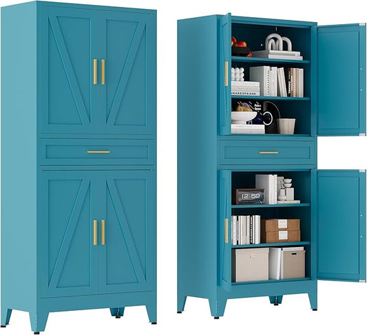 71 "Farmhouse Metal Filing Cabinet with a Drawer and 4 Adjustable Shelves, with 4 Large barn Door White Kitchen Cabinets, Metal Food Cabinets for Home, Kitchen, Dining/Living Room (Peacock Blue)-CasaMuseHome