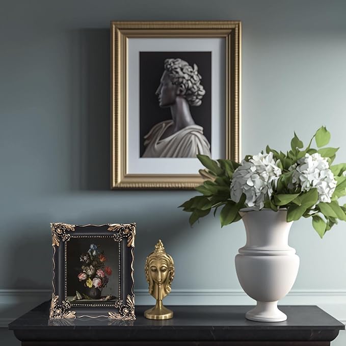 5x7 Vintage Picture Frame with Embossed Flower Design, Black Ornate Frame for 5x7 Pictures, Hand-Crafted Resin Antique Frames for Tabletop & Wall Hanging, Home Decor (Black)-CasaMuseHome