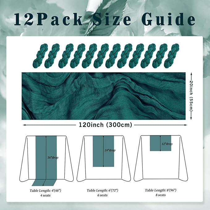 12 Pack Teal 10FT Cheesecloth Table Runner Rustic Gauze Cheese Cloth Table Runner for Wedding Bridal Baby Shower Table Decorations Boho Fabric Sheer Birthday Party Table Decor 20 x 120 Inch Long-CasaMuseHome