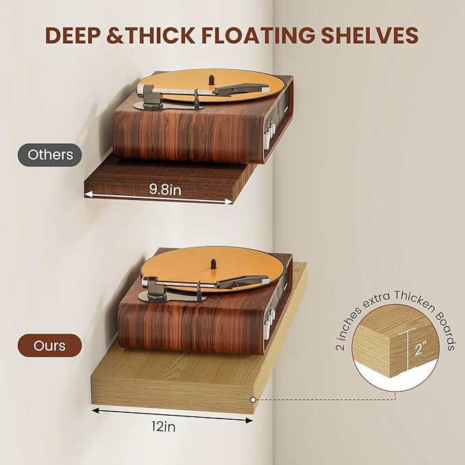 12 Inch Deep Floating Shelves 55 inch Long, 55 x 12 Wide Wall Shelves with Invisible Brackets, Heavy Duty Shelf for Bedroom Bathroom Living Room Kitchen Office Home Decor, Modern Shelf Set of 2, Oak-CasaMuseHome