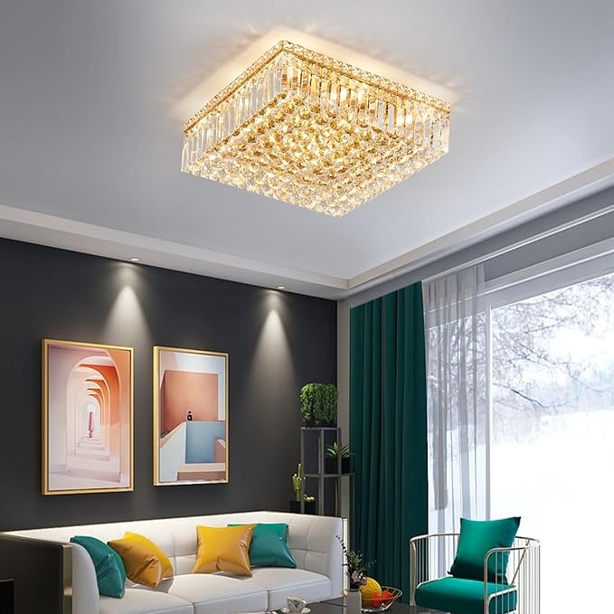 12-Lights Gold Crystal Flush Mount Ceiling Light Fixtures,Elegant Crystal Chandelier Pendant Ceiling Lamp for Bedroom,Living Room,Dining Room,Hallway H5.9 x W20 x L20 (Bulb Not Included) Square-CasaMuseHome