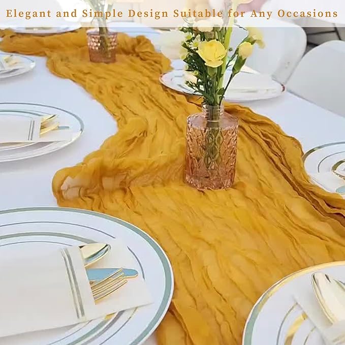6 Pack Mustard 10FT Cheesecloth Table Runner Rustic Gauze Fabric Cheese Cloth Table Runner for Wedding Bridal Baby Shower Table Decor Boho Sheer Birthday Party Table Decorations 20 x 120 Inch Long-CasaMuseHome