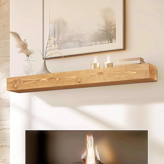 60x8x5 Fireplace Mantel - Handcrafted Rustic Solid Wood Wall Mounted Floating Shelf with Invisible Heavy Duty Wood Bracket (Natural)-CasaMuseHome
