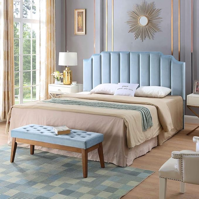 24KF Seaglass Velvet Tufted King Upholstered Headboard, Modern Vertical Channel Design California King Headboard with Stepped Silhouette Top Edge, Seaglass-CasaMuseHome