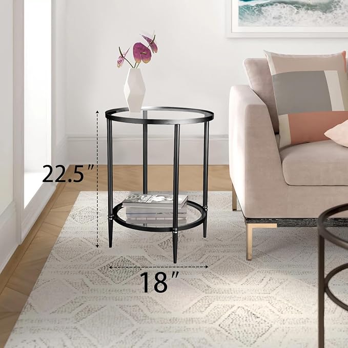 2 Tier Round Side Table, Black End Table with Glass Top, Modern Metal Clear Coffee Table，Small Accent Table for Living Room, Bedroom, 18" x 18" x 24"-CasaMuseHome