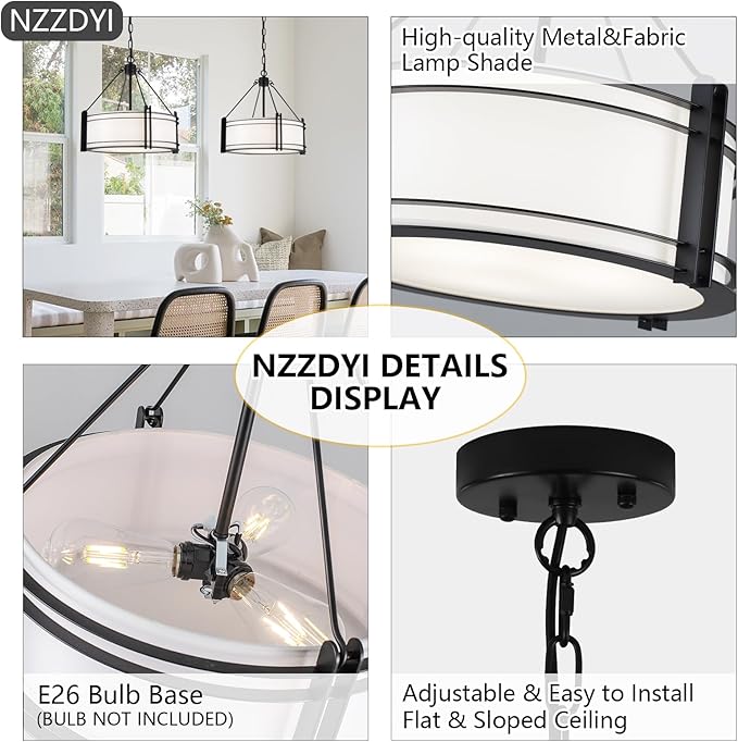 16.3''Black Drum Chandelier 3-Light Modern Farmhouse Chandelier with White Fabric Shade Adjustable Drum Pendant Light Fixture for Dining Room Kitchen Island Hallway Living Bedroom-CasaMuseHome
