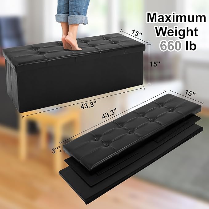 43 Inches Folding Storage Ottoman Bench, PU Leather Storage Chest, Footrest Padded Seat for Bedroom and Hallway, Holds up to 660 lbs, Black-CasaMuseHome