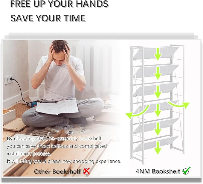 4NM No Assembly Foldable Bookshelf, 6-Shelf Collapsible Bookcase Storage for Small Spaces, 74" H, All White-CasaMuseHome