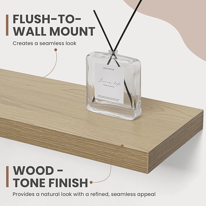 48 Inch Floating Shelves, 8 Inch Deep Floating Shelves for Wall, Hanging Shelf with Invisible Brackets, Deep Shelves for Bathroom, Bedroom, Living Room, Oak, Set of 1-CasaMuseHome