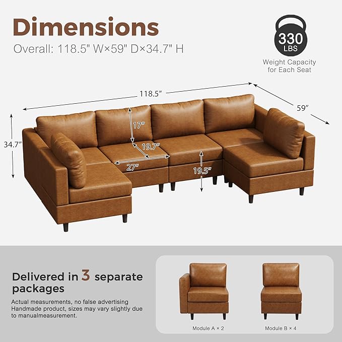 118.5" Faux Leather Modular Sectional Sofa with Storage Seat, Modern 6 Seater Couch Deep Seat with Removable Cover DIY Combination Brown-CasaMuseHome