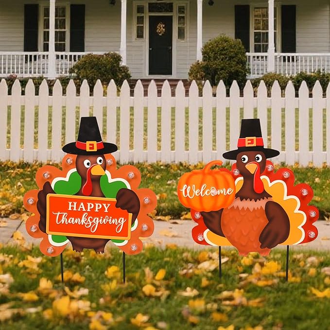 2 PCS Fall Decorations Outdoor Metal Happy Thanksgiving Decorative Garden Stakes with Led Light Welcome Pumpkin Turkey Yard Signs Fall Harvest Lawn Garden Lawn Pathway Decor-CasaMuseHome