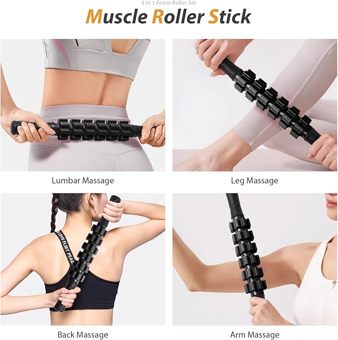 5 in1 Foam Roller Set, Trigger Point Foam Roller, Massage Roller Stick, Massage Ball, Resistance Band for Deep Muscle Massage Pilates Yoga,Fitness Exercise for Whole Body (Black-Red)-CasaMuseHome