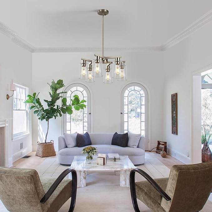 6-Light Farmhouse Brushed Nickel Chandelier,Modern Chandeliers for Dining Room Light Fixture Over Table,Adjustable Hanging Industrial Rustic Pendant Lights Kitchen Island Light with Clear Glass Shade-CasaMuseHome