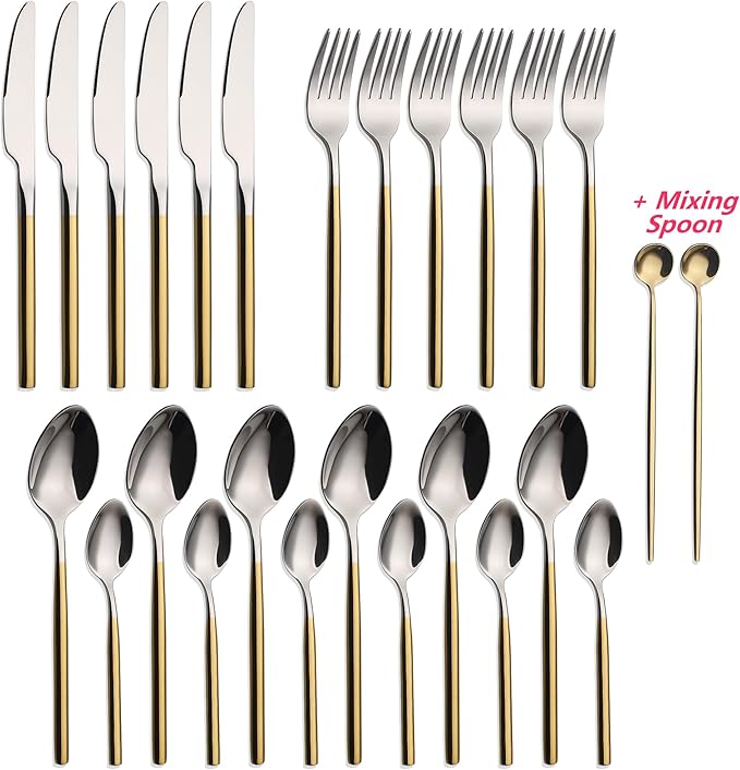 24 Piece Silverware Set For 6 Gold Handle Heavy duty 18/10 Stainless Steel Flatware Set Modern Design Knife/Fork/Spoon Mirror Polished Dishwasher Safe Cutlery Set with Gifts-CasaMuseHome