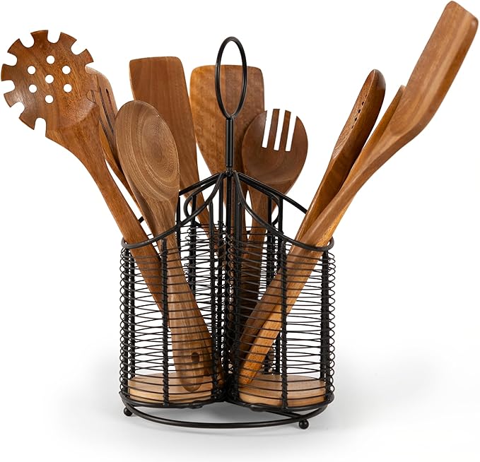 360° Rotating Kitchen Utensil Holder- 3 Compartment Organizer with Cork Bottoms | Includes Premium 9-Piece Acacia Wood Utensil Set | Professional & Home Luxury Design | Metal Utensil Crock (Black)-CasaMuseHome
