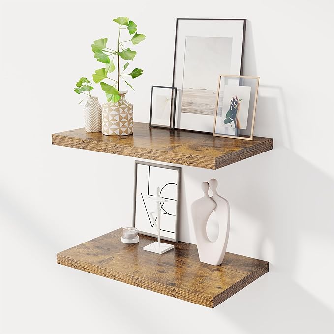 24" Floating Shelves for Wall, 12" Deep Slim Rustic Brown Floating Shelves, Wall-Mounted Shelves for Bedroom, Living Room, Kitchen, Bathroom - Set of 2-CasaMuseHome