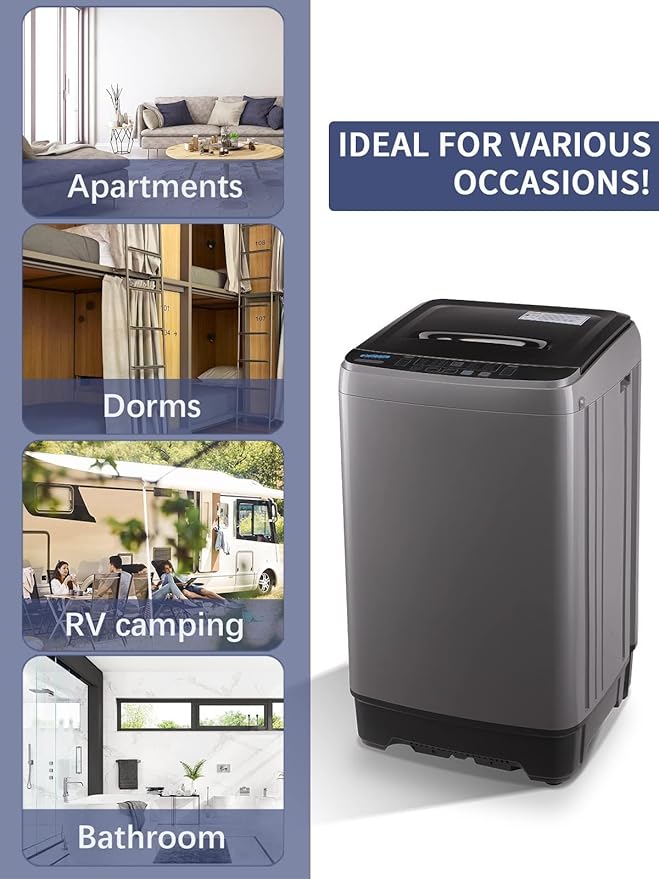 17.7 lbs Full Automatic Washing Machine with LED Display Compact Drain Dump, 10 Wash Programs and 8 Water Levels Ideal for Dorms, Apartments, RV, Grey (KB03-GREY6-3)-CasaMuseHome