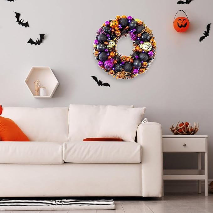 13.8 Inch Halloween Ball Wreath for Front Door with Lights, Lighted Cute Treat-or-Trick Door Wreath Ball Ornament for Halloween Indoor Decorations Centerpiece Party Holiday Wall Home Decor-CasaMuseHome