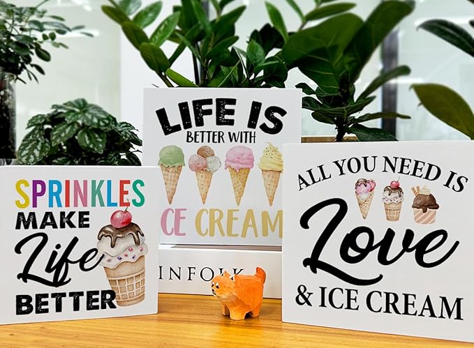 3 Pcs Summer Ice Cream Wood Box Signs Decor Farmhouse Summer Ice Cream Tiered Tray Decor Table Desk Shelf Kitchen Decoration Rustic-CasaMuseHome