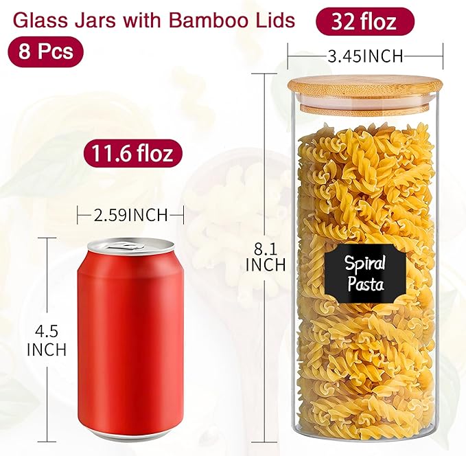 32 oz 8 Pcs Glass Jars with Bamboo Lids, Stackable Clear Food Storage Jars, Airtight Kichen Glass Pantry Storage Containers with Lids for Rice, Candy, Sugar, Flour, Nuts, Cookie, Coffee Bean-CasaMuseHome