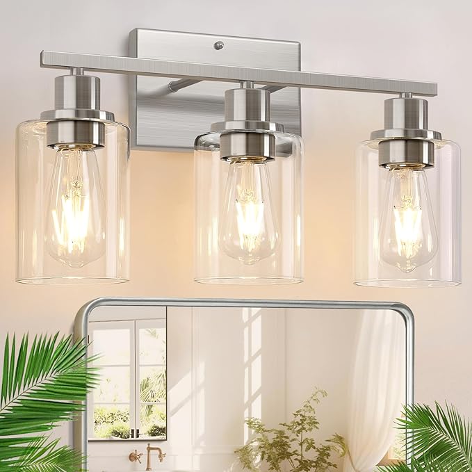 3-Light Bathroom Light Fixtures, Brushed Nickel Vanity Lights with Clear Glass Shades, Modern Bathroom Wall Lamp for Mirror Living Room Cabinet Bedroom Porch-CasaMuseHome
